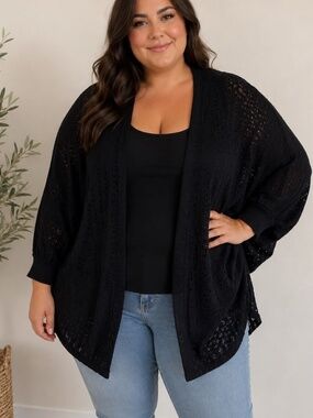 NWD Plus Cardigan Womens Size 2X Black Open Knit Crochet Dolman Sleeve Lightweig